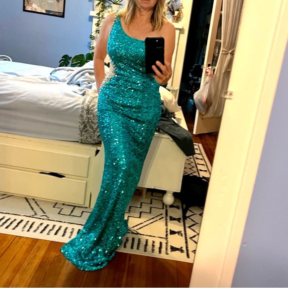Gorgeous holiday La Femme Sequin One-shoulder, full length dress